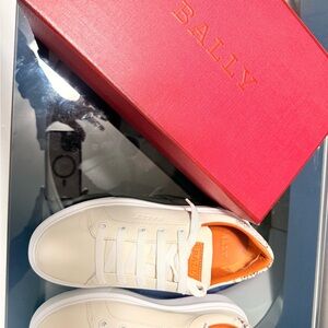 Bally white and cream Sneakers with snakeskin detail in back of shoe